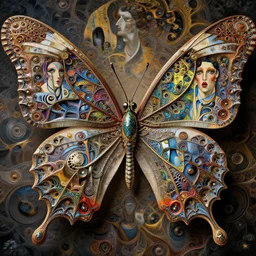 close - up of a wonderful mechanical butterfly of fractals and patterns, hyper detailed, intricate and detailed, ornate 8 k gorgeous intricate detailed, octane render, by sc escher, gustav klimt, egon schiele and hr giger