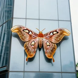 kodak photo of a colossal atlas moth on the side of a skyscraper