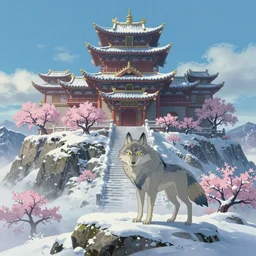 a wholesome animation key shot, wolf themed temple!! on the top of a mountain!! winter, smow, studio ghibli, pixar and disney animation, sharp, rendered in unreal engine 5, anime key art by greg rutkowski, bloom, dramatic lighting, volumetric lighting!!