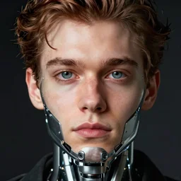 man with cybernetic implants in his face and small cameras for eyes