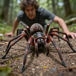 chased by a scary man spider, highly detailed, 8 k, hdr, smooth, sharp focus, high resolution, award - winning photo