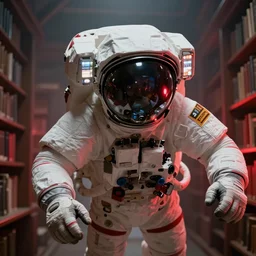 kodak portra 4 0 0, photographic and realistic, photorealistic, close - up portrait shot space astronaut fly inside old high celling library, fog and gloomy red lights, highly detailed science fiction illustration by jeremy geddes. rich colors, high contrast., octane render, hyper detailed, 8 k, movie still, artstation, unreal engine,