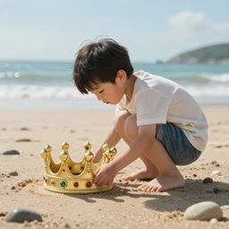 an intricate concept art, photorealism, illustration, a boy found a crown in a beach, natural light, ultra photorealistic, pinterest, artstation, cgsociety, pinterest, digital art, hyper detail, anime colors, style by wlop, octane render, 8 k