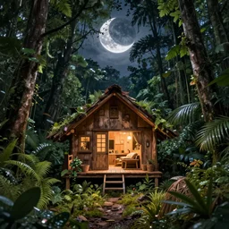 a very tiny!! rustic wooden house of a room with the light on, in the center of rainforest, waning moon night, highly detailed, digital painting, trending on artstation, concept art, smooth, sharp focus, illustration, art by greg rutkowski