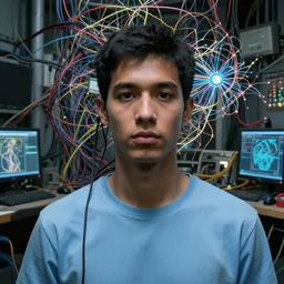 zoomed out, a dark male light blue clothes, crowded with wires and computers and neural networks, realistic face, zoomed out, sci - fi, ai, 4 k realistic, artem demura. alphonse mucha.