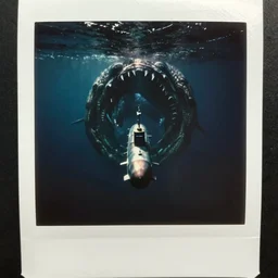 top down view of a submarine over the eye of a massive sea creature, murky water, dark water, dark!!!, creepy, terrifying, megalophobia, huge!!!, scary, old polaroid, expired film, top down view, underwater,