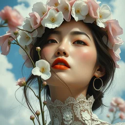 close - up fashion asian woman portrait airy flowers sacura cloudy sky art by vasnetsov
