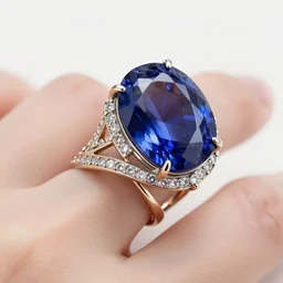 a magnificent luxurious design of a female finger ring with a huge sapphire on which intricate patterns with interspersed small diamonds bend with a thin gold thread. hyper - realistic photo. full screen. very clear details.