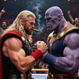 hyperrealistic mixed media panoramic image of Thor arm wrestling Thanos smoking a cigar at an arm wrestling championship, crowd cheering in the background, stunning 3d render inspired art by István Sándorfi and Greg Rutkowski, perfect facial symmetry, realistic, highly detailed attributes and atmosphere, dim volumetric cinematic lighting, 8k octane extremely hyper-detailed render, post-processing, masterpiece,