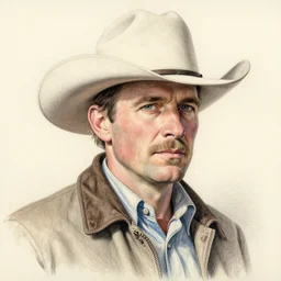 high quality high detail pencil drawing by norman rockwell, hd, portrait of a cowboy, muted pastel colors, photorealistic lighting