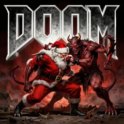 doom cover featuring santa claus slaying demons, by jimmy presler, artstation