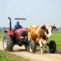 a cow driving a tractor
