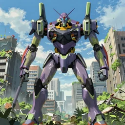 A giant robot in city ruins, overtaken by vegetation, in anime style, highly detailed, by Makoto Shinkai and Raphael Lacoste