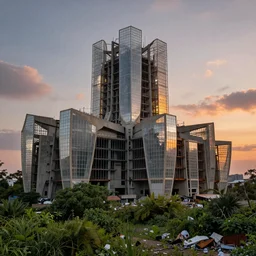 an extremely detailed cathedral of brutalist architecture by Le Corbusier, surrounded by lush green vegetation, stunning volumetric lighting, sunset, rusted metal, concrete, translucent material, stunning skies, scattered rubbish and debris, 8k, photorealistic, hyper detailed, unreal engine 5, IMAX quality, cinematic, epic lighting, digital painting in the style of DOOM and Quake, by Greg Rutkowski, trending on Artstation