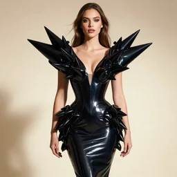 award winning high fashion shiny latex symmetrical dress with huge latex spikes, sexy fashion model with long hair, high - end photoshoot, soft rembrandt lighting