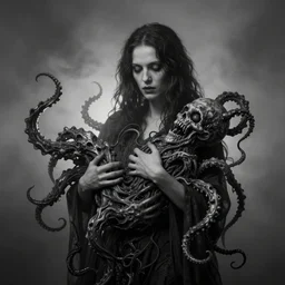 portrait of a haunted mother driven to madness holding an unspeakable lovecraftian eldritch horror of writhing tentacles, studio lighting, soft glow, smoky, monochromatic photo by anne leibovitz