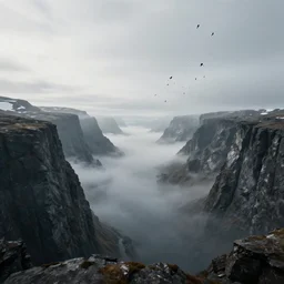 fjords in an alien planet fog and flying and falling humans from the sky
