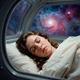 close face portrait of Mila Kunis sleeping in a cryo chamber in a derelict space ship, saturated nebula through large windows, 1970, Ludek Pesek, Rick Guidice, Chesley Bonestell, Lucien Rudaux, Rolf Klep, Fred Freeman, George Pal