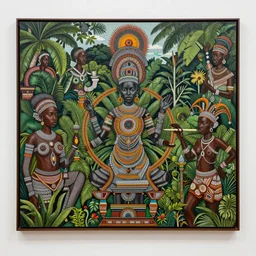 i am currently working from north east of the amazon rainforest, by wangechi mutu, in a symbolic and meaningful style, insanely detailed and intricate, hypermaximalist, elegant, ornate, hyper realistic, super detailed