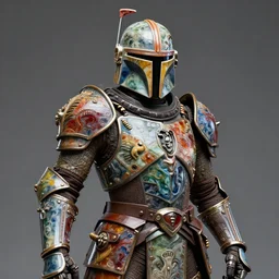 fantasy art ultra 4 k photo of a bizzare colorful metal armor knight mandalorian cylon mask made of ceramic carved by a master engraver by h. r. giger