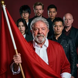 A portrait of the presidend Lula holding a red flag by Greg Rutkowski, Sung Choi, Mitchell Mohrhauser, Maciej Kuciara, Johnson Ting, Maxim Verehin, Peter Konig, final fantasy, 8k photorealistic, cinematic lighting, HD, high details, dramatic, atmospheric , trending on artstation