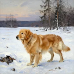 a golden retriever walking though Siberia painted by John William Waterhouse
