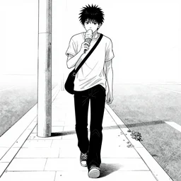 a punk rocker eating ice cream while walking down the side walk, full shot, front view, manga, b & w, by tsutomu nihei