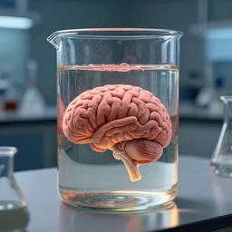 large glass container filled with a brain in water, sitting on the table of a science laboratory, octane, trending on artstation, volumetric lighting — w 6 4 0