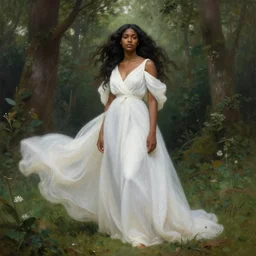 a beautiful young black woman with long flowing hair in a flowing white gown in the forest, highly detailed painting by gaston bussiere, craig mullins, j. c. leyendecker 8 k