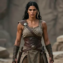 realistic photograph. black hair single streak in hair over left ear bleached. imposingly tall, broadshouldered, jacked muscular woman. half black half arab. dark skin. face like kendall jenner, dark complexion. modest practical medieval ranger clothing. fully dressed. massively jacked physique, roust build, swole. in her 3 0's. streak in hair.