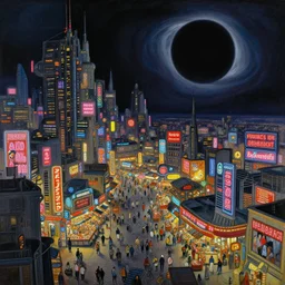 painting of a sprawling dystopian cyberpunk science fiction exotic market city on the edge of a black hole inspired by coruscant with neon advertising signs by francois schuiten and moebius and vilhelm hammershøi