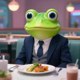 the most beautiful cybercore frog diner, casual elegant suit, blue moe eyes, angelic detail, scene from a nicolas winding refn movie