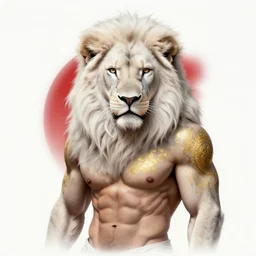 award winning beautiful portrait commission of a male furry anthro albino lion with tattoos on his muscular belly with a beautiful hyperdetailed face wearing a golden and red winter handcrafted outfit with red gradient background and white snow falling around lion. Character design by charlie bowater, ross tran, and makoto shinkai, detailed, inked, western comic book art