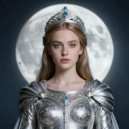 portrait of hannah fierman as young slim mighty prophetess of the moon, silver filigree armor and tiara, moon above head, purple hair, translucent skin, large striking eyes, beautiful! coherent! by brom, by junji ito, strong line, high contrast, muted color