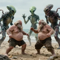 photo, two old hairy fat ugly men! fighting alien monsters 4 0 1 2 7 on a beach, highly detailed, scary, intricate details, volumetric lighting, front view