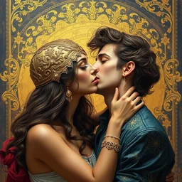 an intricate artistic pose painting of a beautiful young lover couple kissing with an artistic pose with klimt golden motives and textures, hyper detailed, ornamental gold headpiece, octane render, vivid colors, artstation, by jeremy mann, by alphonse mucha, by boris vallejo