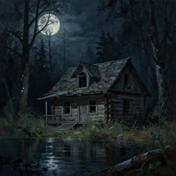 a beautiful painting of of the grim reaper bu an old abandoned log cabin by a lake in a dark evil forest from the evil dead, moonlit by greg rutkowski and kalin popov, trending on artstation, masterpiece,