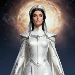 portrait of the powerful empress of the solar system in the style of wayne barlowe and in the style of stephan martiniere. glowing, ornate and intricate linework, stunning, dynamic lighting, ultrafine and hyperdetailed.
