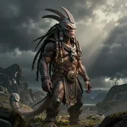 Maori Tlingit Klingon with head crest and dreadlocks, alien bestiary by Greg Rutkowski