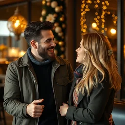attractive man speaking with attractive woman in the year 2 0 5 0