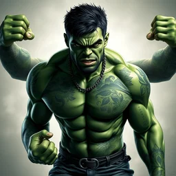 the hulk with super stylish hipster tattoos all over his body, rap singer, gangsta