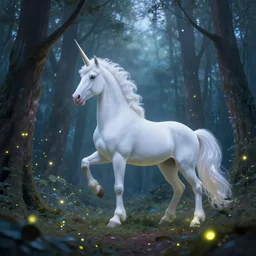 a white unicorn in the forest, fireflies flying, dreamy and crystalline atmosphere ， super wide angle ， matte painting ， rtx on ， trending on cgsociety and artstation, volumetric light ， surreal