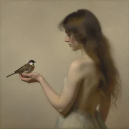 Performance art. a woman is shown from behind, her body slightly blurred as if in motion. Her long hair cascades down her back, and she is holding a small bird in her hand. tonalism by Virginia Frances Sterrett earthy