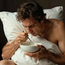 man having bowl movement on own pillow