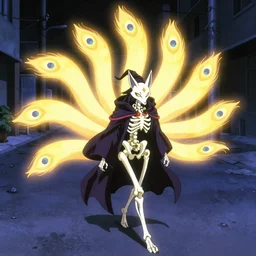 screenshot from an anime about a glowing bipedal demonic skeletal fox with 9 blazing peacock tails wearing wizard robes and wandering an empty street alone, anime, 8 0 s, vhs, vhs effects, art by yuji ikehata