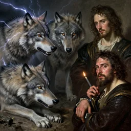 aftermath of Gödel's Incompleteness Theorem, Lightning Wolves Greg Rutkowski and Eugène Delacroix and Francis Bacon and Hieronymus Boch, artistic, sweat and labour, realistic fantasy, beautiful faces aesthetic, establishing shot, 8k resolution, dramatic lighting