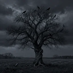 in the black storm, crows on a gnarled tree, on a darkling plain, drawn by christan delort and jean gireaud, graphic black and white, low camera, wide angle, centered composition, golden ratio