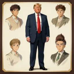 character model sheet of donald trump by greg rutkowski, by studio ghibli and ross tran, digital art, trending on artstation, highly detailed, illustration, concept art, elegant, beautiful, masterpiece