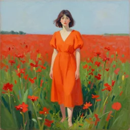 a painting of a woman in an orange dress standing in a field of red flowers by craig mullins, trending on artstation, color field, concept art, artstation hd, matte drawing
