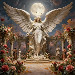 an epic angellic fantastic hyperdetailed 3 d matte painting of a baroque rose garden on distant heavens under autumn moon color scheme, stage backdrop, by ruan jia and artgerm and range murata and wlop and ross tran and william adolphe bouguereau and beeple. key art. fantasy illustration. award winning, artstation, intricate details,